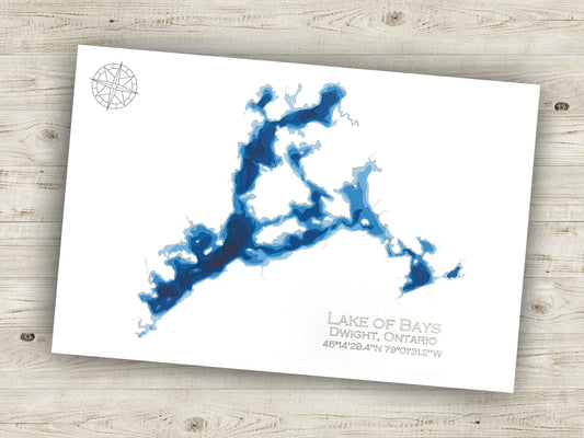 12"x18" Lake of Bays, Dwight Ontario, Papercut Bathymetric Map, 12x18