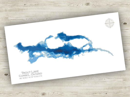 12"x24" Trout Lake, North Bay Ontario, Papercut Bathymetric Map, 12x24