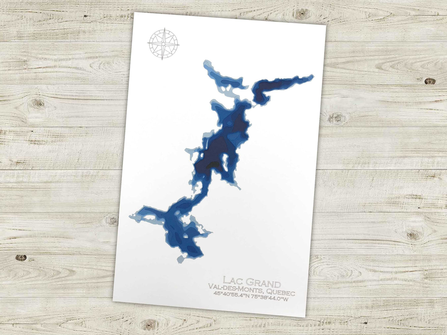 12"x18" Lac Grand,Les Collines-de-l'Outaouais, Quebec , Papercut Bathymetric Map, 12x18