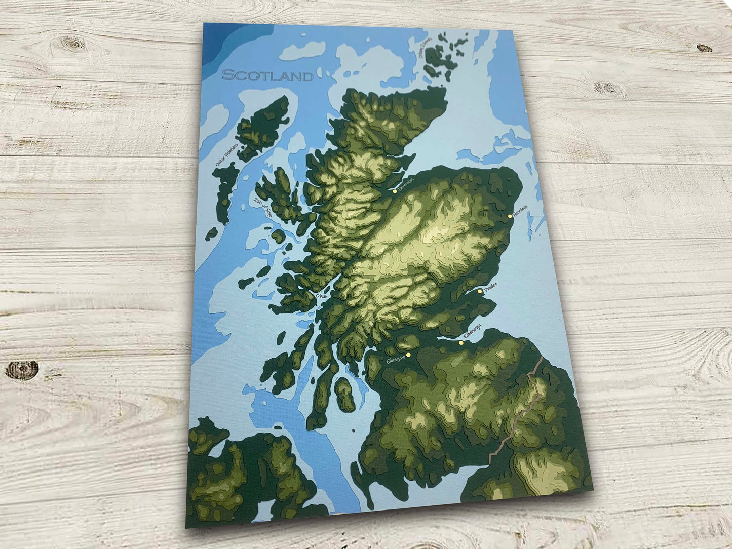 11"x17" Map of Scotland , Souvenir of Scotland, Papercut Topographic and Bathymetric Map, 11x17 | Wall Art | Poster | Print | Map Art