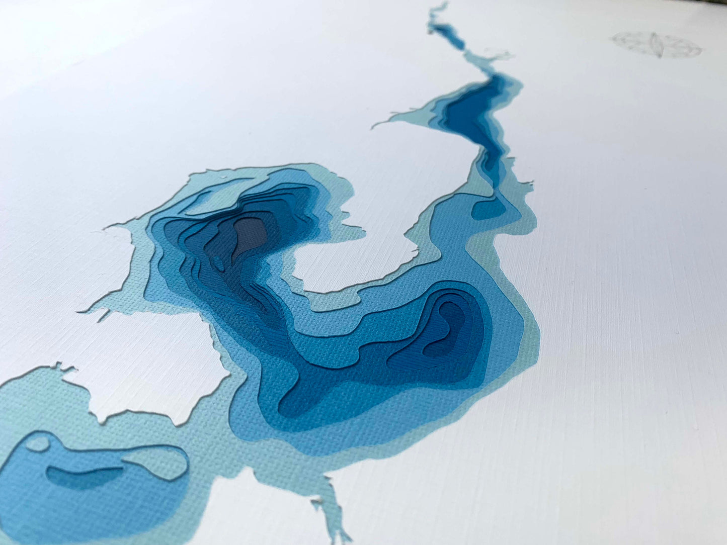 12"x18" Lac Aylmer, Disrali Quebec, Papercut Bathymetric Map, 12x18 | Wall Art | Poster | Print | Map Art | Cabin Wall Decor