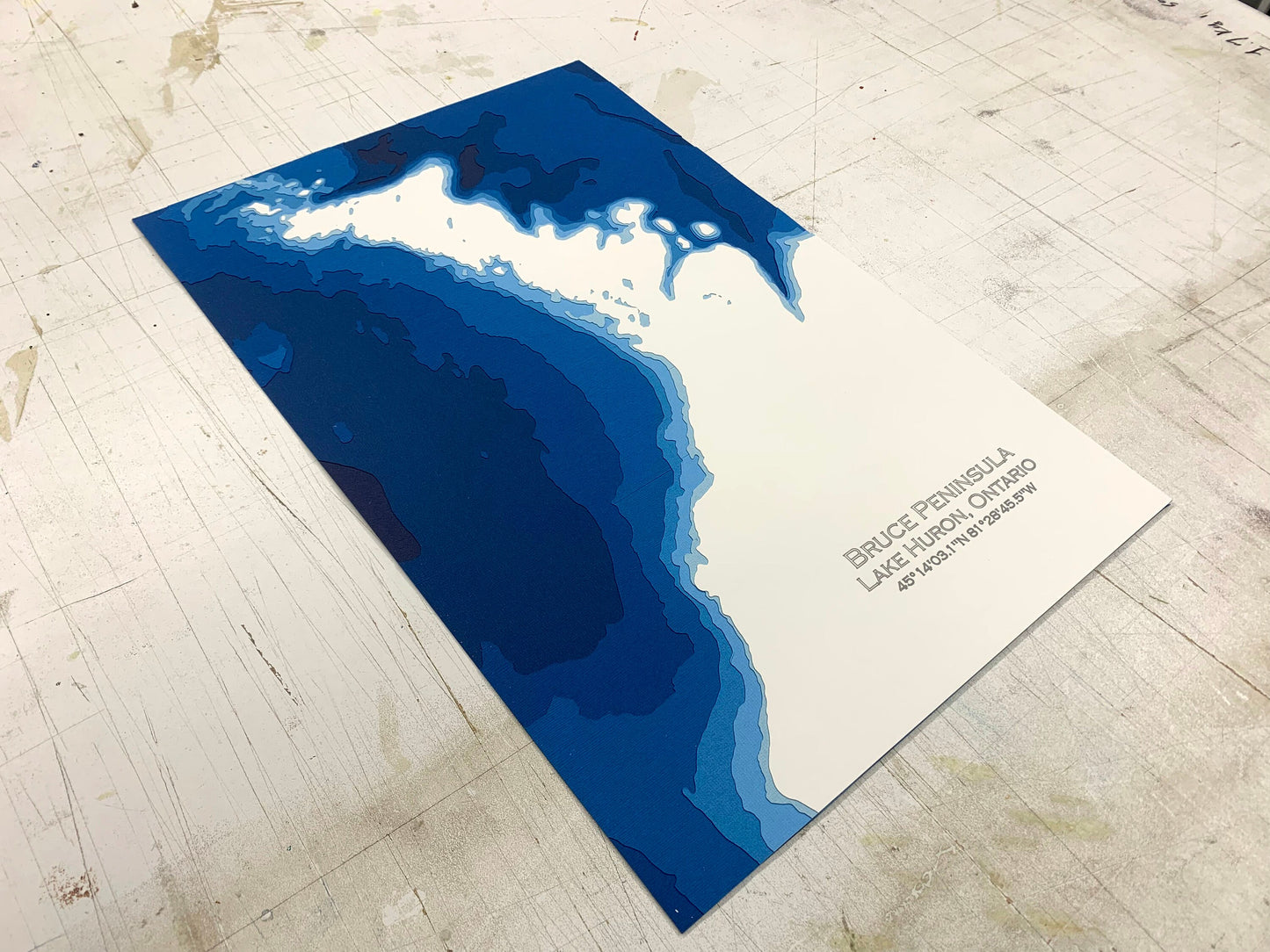 12"x18" Lake Huron, The Bruce Peninsula, Ontario , Papercut Bathymetric Map, 12x18