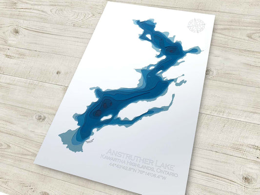 12"x18" Anstruther Lake, Kawartha Highlands, Ontario, Papercut Bathymetric Map, 12x18