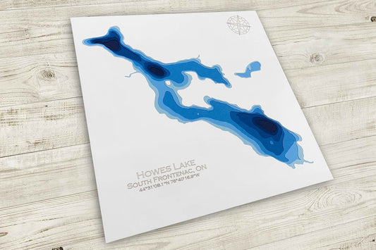 12"x18" Howes Lake, South Frontenac, Ontario Papercut Bathymetric Map, 12x18 Wall Art | Poster | Print | Map Art | Cabin Wall Decor