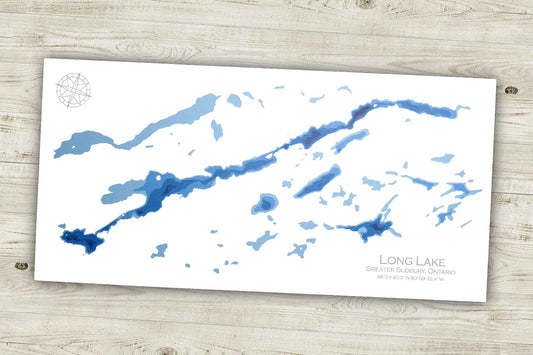 12" x 24" Long Lake Sudbury Ontario, Papercut Bathymetric Map Wall Art | Poster | Print | Map Art | Cabin Wall Decor