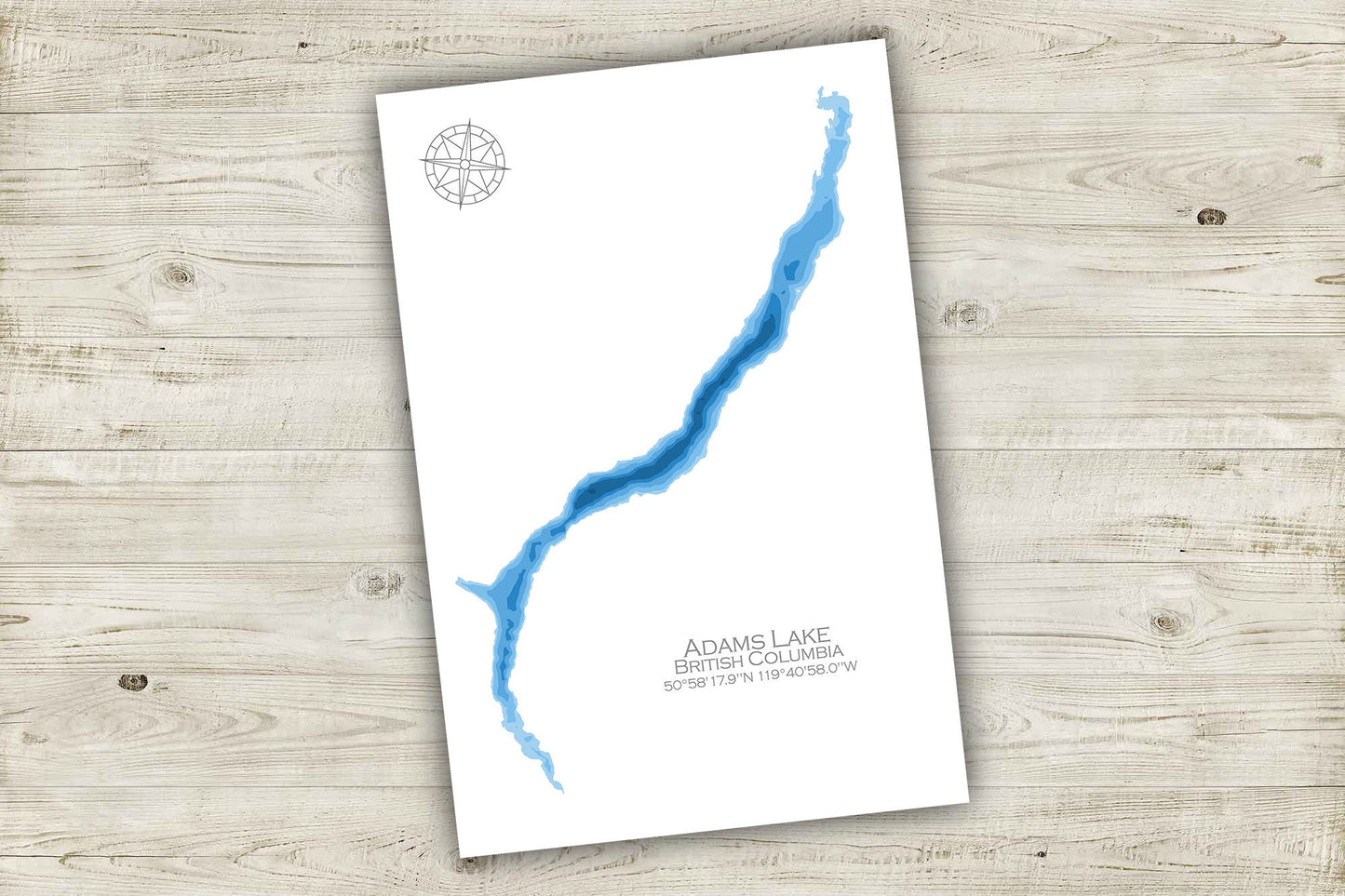 12"x18" Adams Lake, British Columbia, Papercut Bathymetric Map, 12x18