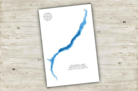 12"x18" Adams Lake, British Columbia, Papercut Bathymetric Map, 12x18