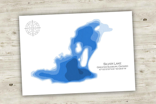 12"x18" Silver Lake, Greater Sudbury Ontario, Papercut Bathymetric Map, 12x18, Sudbury