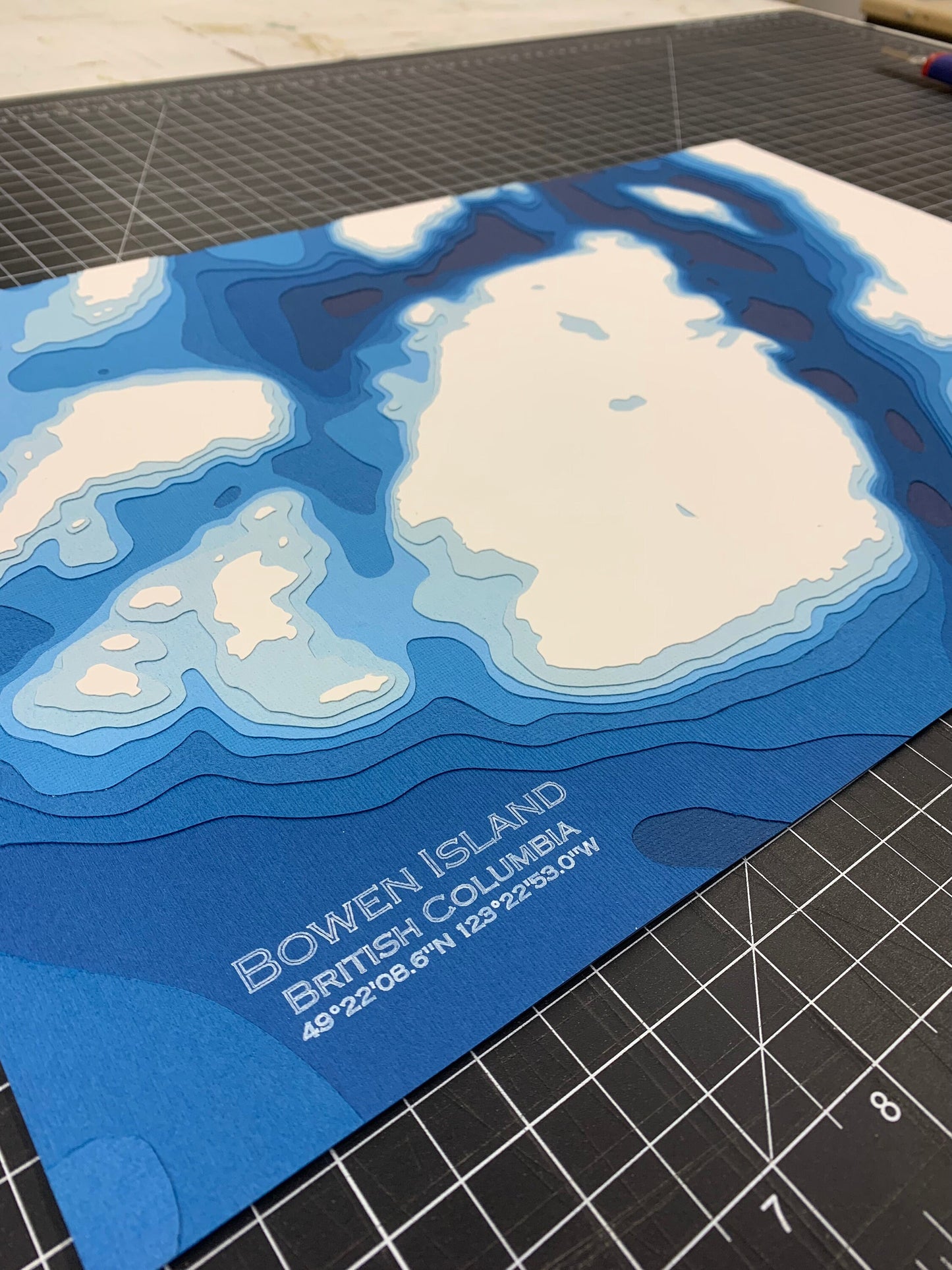 12"x18" Bowen Island, British Columbia, Papercut Bathymetric Map, 12x18