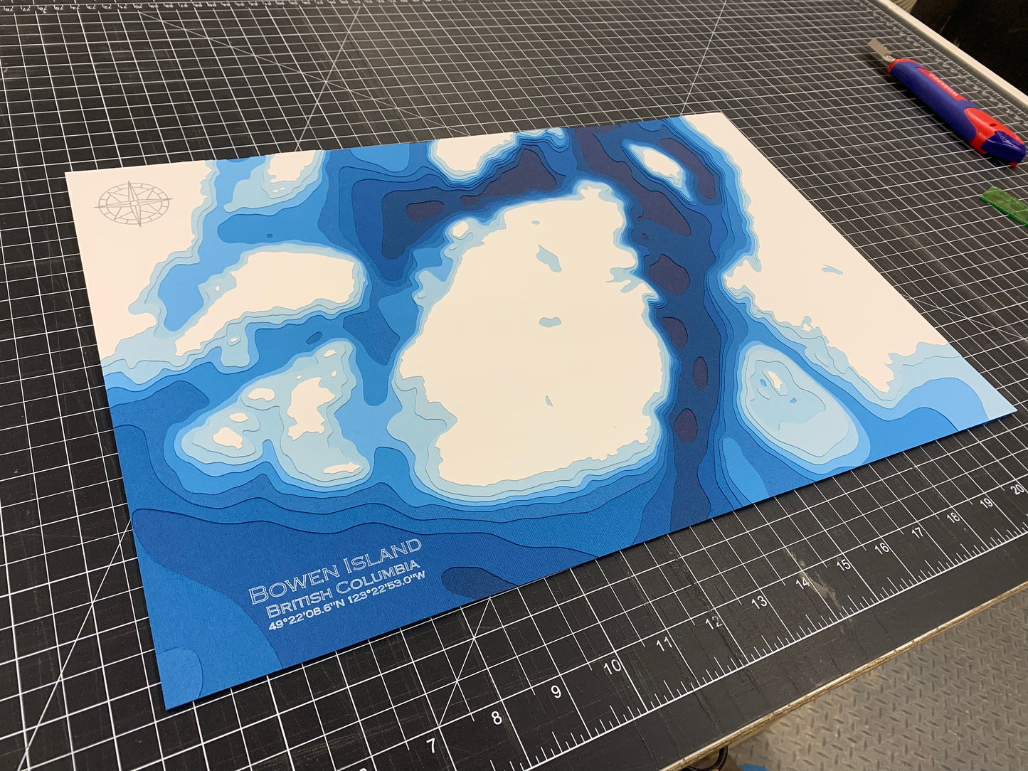 12"x18" Bowen Island, British Columbia, Papercut Bathymetric Map, 12x18