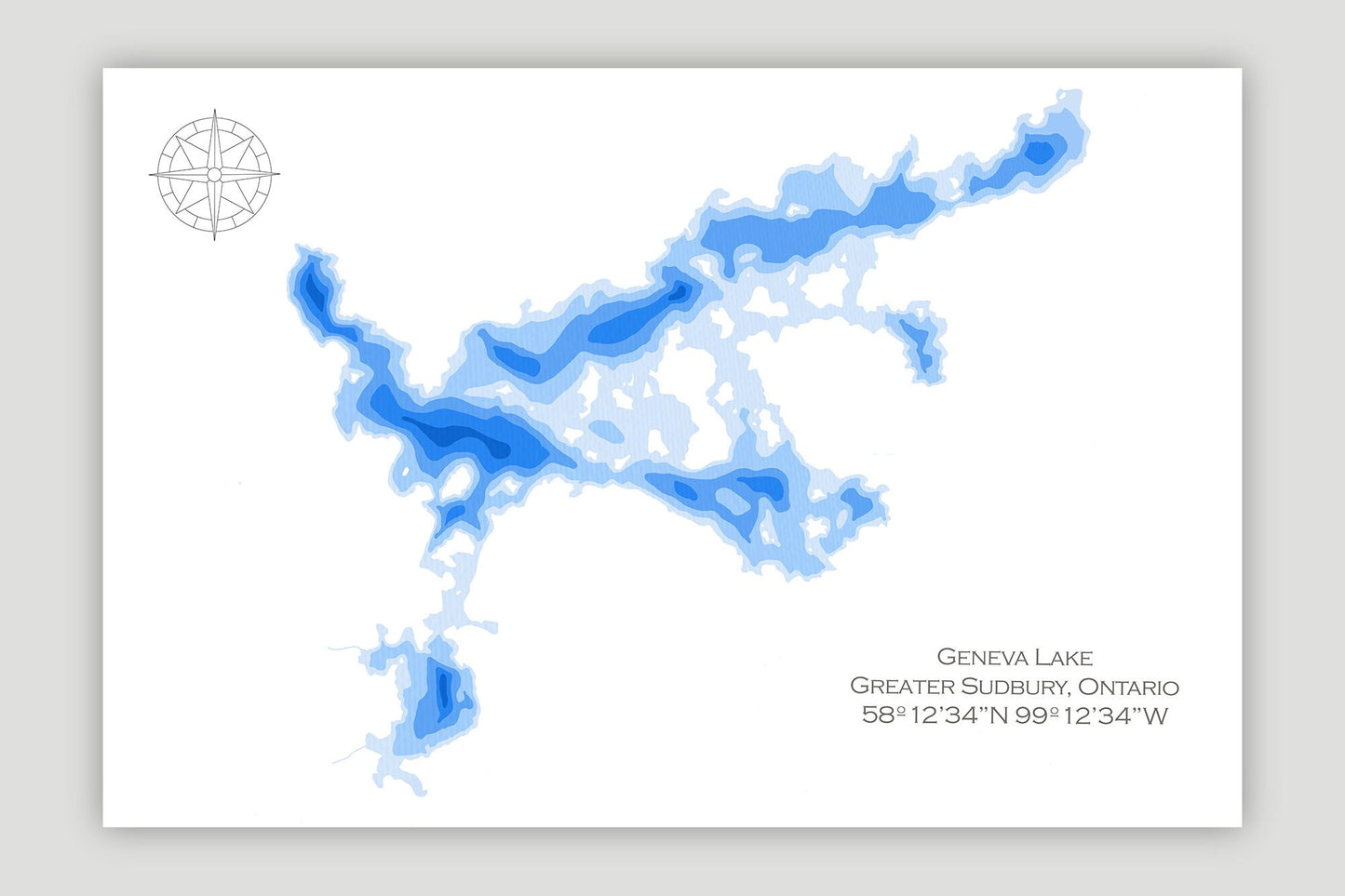 12"x18" Geneva Lake, Cartier Ontario, Papercut Bathymetric Map, 12x18, Sudbury | Wall Art | Poster | Print | Map Art | Cabin Wall Decor