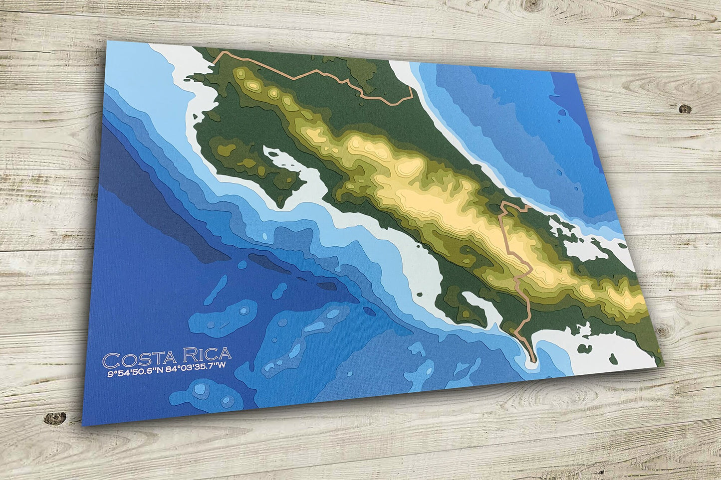 12"x18" Costa Rica | Papercut Topographic and Bathymetric Map, 11x17