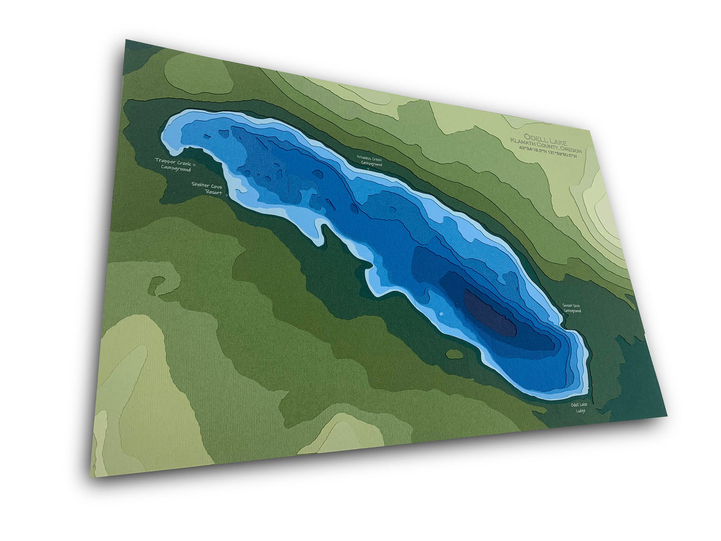 11"x17" Odell Lake | Klamath County, Oregon | Papercut Topographic and Bathymetric Map, 11x17