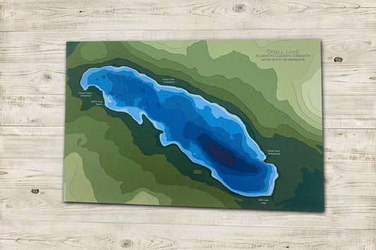 11"x17" Odell Lake | Klamath County, Oregon | Papercut Topographic and Bathymetric Map, 11x17