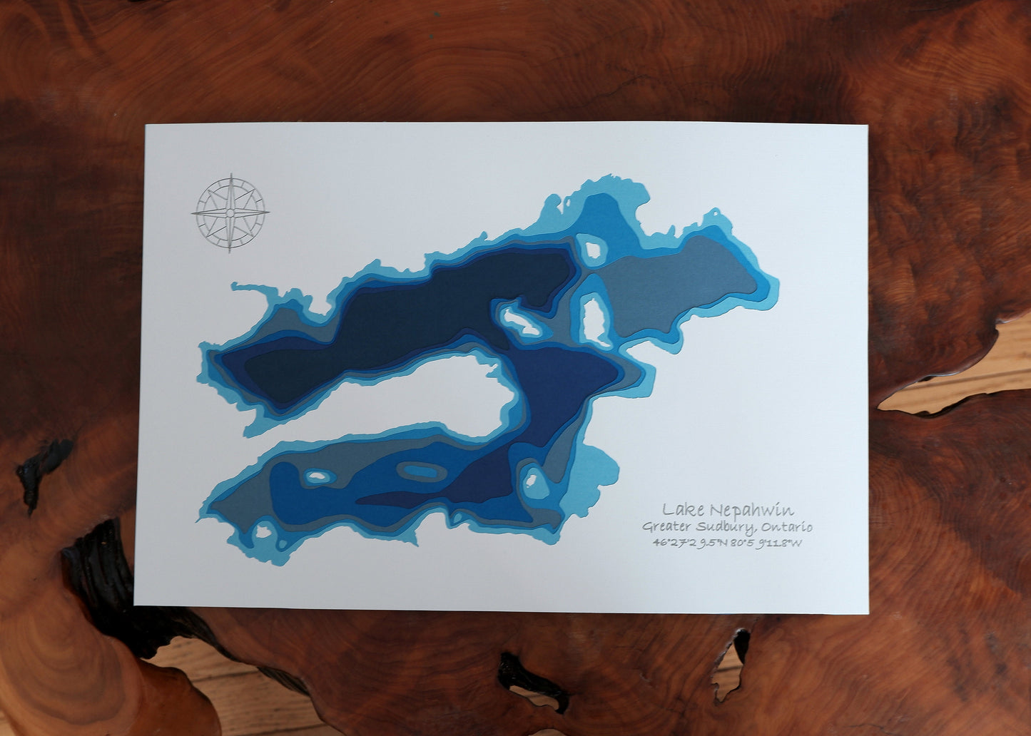 12"x18" Lake Nepahwin Sudbury Ontario, Papercut Bathymetric Map, 12x18