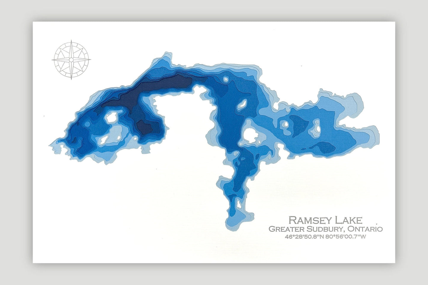 12"x18" Ramsey Lake Sudbury Ontario, Papercut Bathymetric Map, 12x18